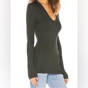 ENZA COSTA Silk Rib Fitted Long Sleeve  top Green  Small